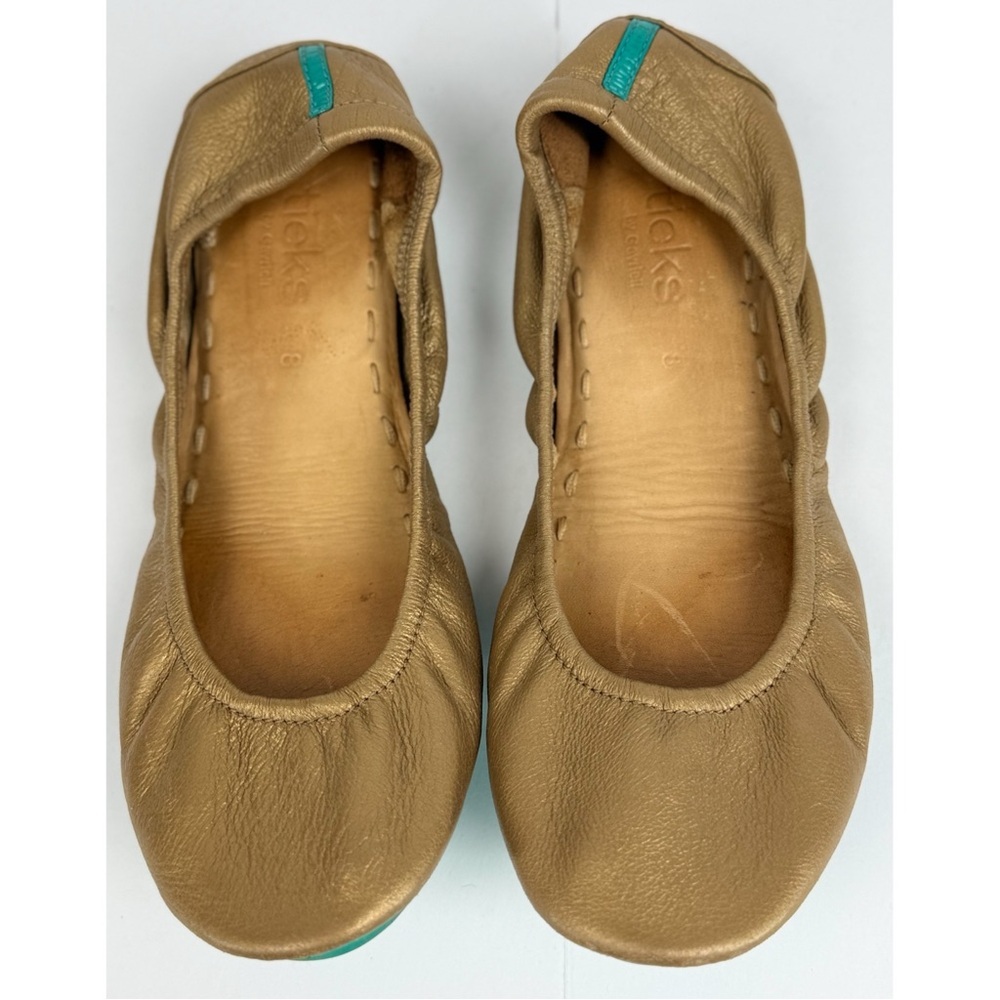Tieks Women’s Metallic Gold Ballet Flats with Elastic Trim, size 8